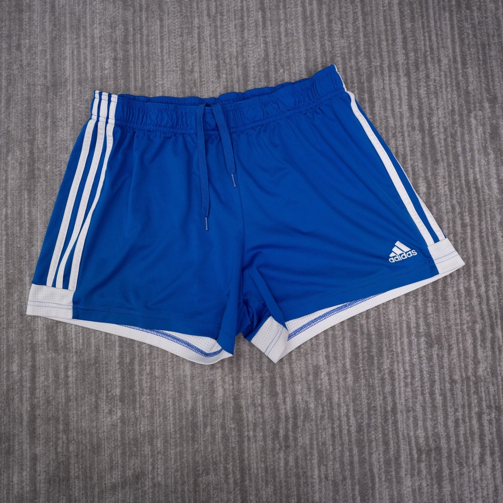 Adidas Athletic Shorts Womens L Blue Excellent Climalite 3-Stripe Dolphin Hem